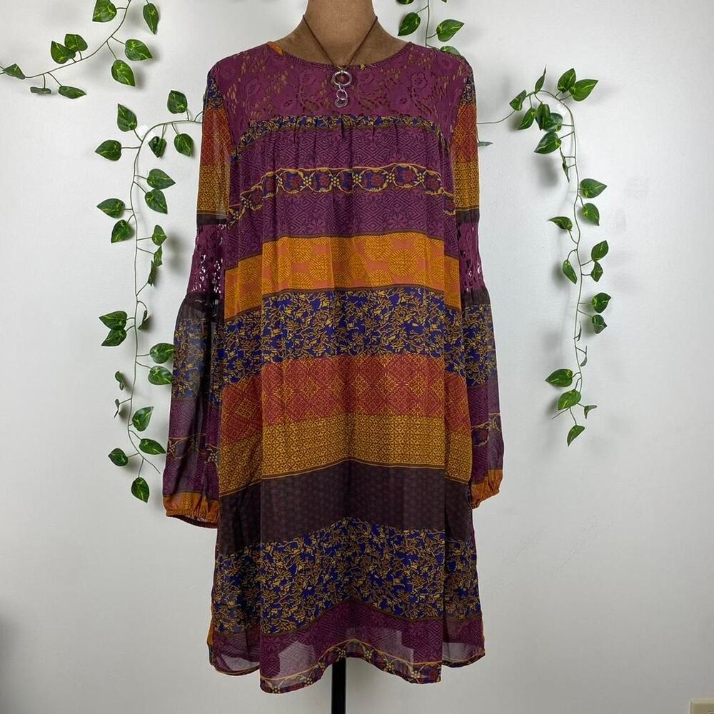 M Ruff Hewn GREY boho lace midi dress warm fall florals long sleeve boho chic